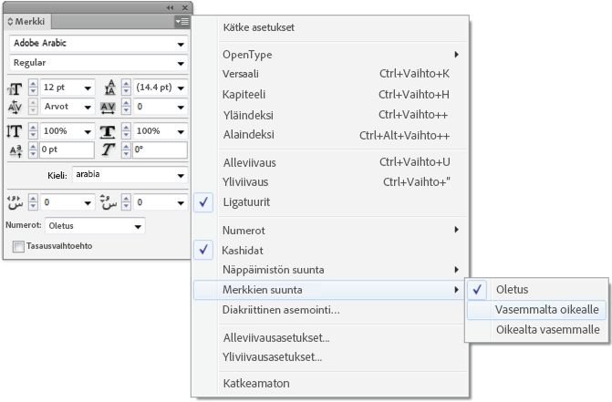 InDesign-merkkipaneeli, jonka valikossa näkyy merkkisuunnan asetukset: Oletus, Vasemmalta oikealle ja Oikealta vasemmalle.