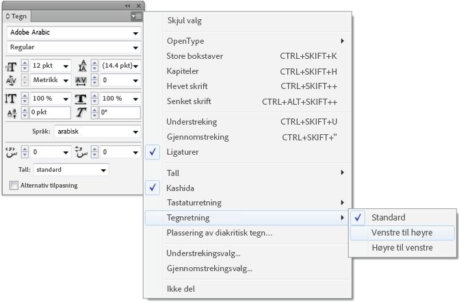 Tegn-panelet i InDesign med meny som viser alternativer for tegnretning: Standard, Venstre mot høyre og Høyre mot venstre.