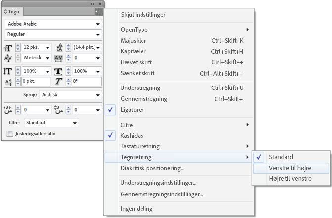 Panelet Tegn i InDesign med menu, der viser indstillingerne for tegnretning: standard, venstre mod højre og højre mod venstre.