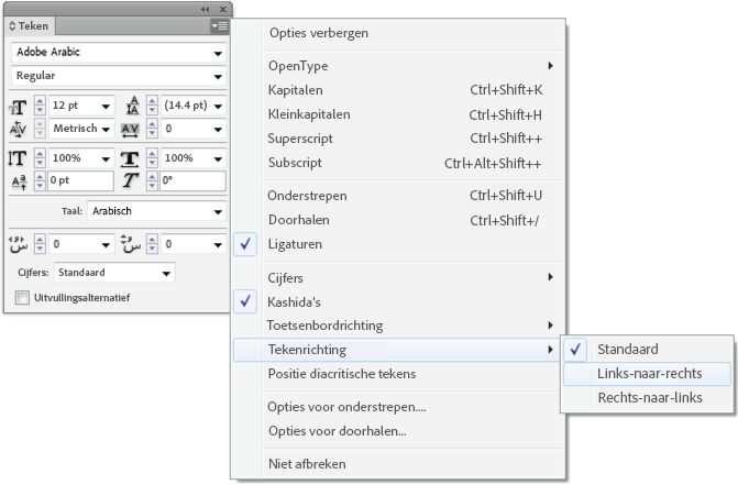 Deelvenster Teken van InDesign met een menu met de opties voor de tekenrichting: Standaard, Van links naar rechts en Van rechts naar links.