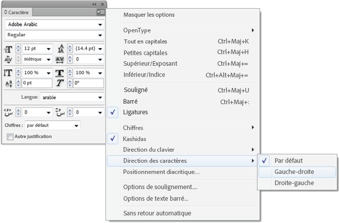 Panneau Caractère InDesign avec un menu qui affiche les options Direction des caractères : par défaut, De gauche à droite et De droite à gauche.