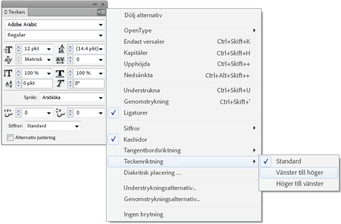 Panelen Tecken i InDesign med en meny som visar alternativ för Teckenriktning: Standard, Vänster till höger och Höger till vänster.