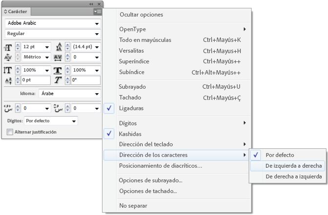 Panel Carácter de InDesign con menú que muestra las opciones de Dirección de carácter: Predeterminada, De izquierda a derecha y De derecha a izquierda.