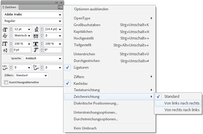 Bedienfeld „Zeichen“ von InDesign mit Menü mit den Optionen für die Zeichenrichtung: „Standard“, „Von links nach rechts“ und „Von rechts nach links“.