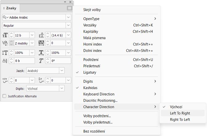 Panel Znaky aplikace InDesign s výběrem možnosti Směr znaků: Výchozí, Zleva doprava a Zprava doleva.