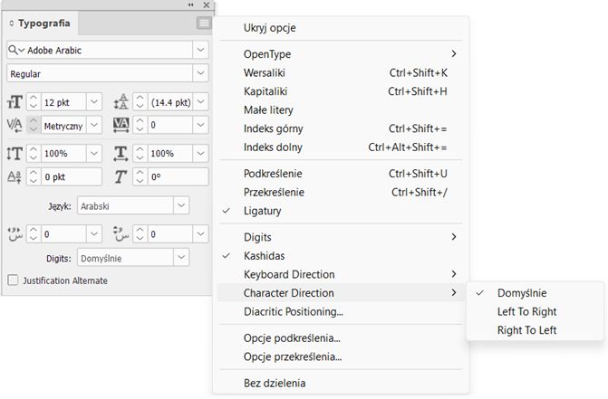 Panel Typografia w programie InDesign z menu zawierającym opcje kierunku znaków: Domyślne, Od lewej do prawej i Od prawej do lewej.