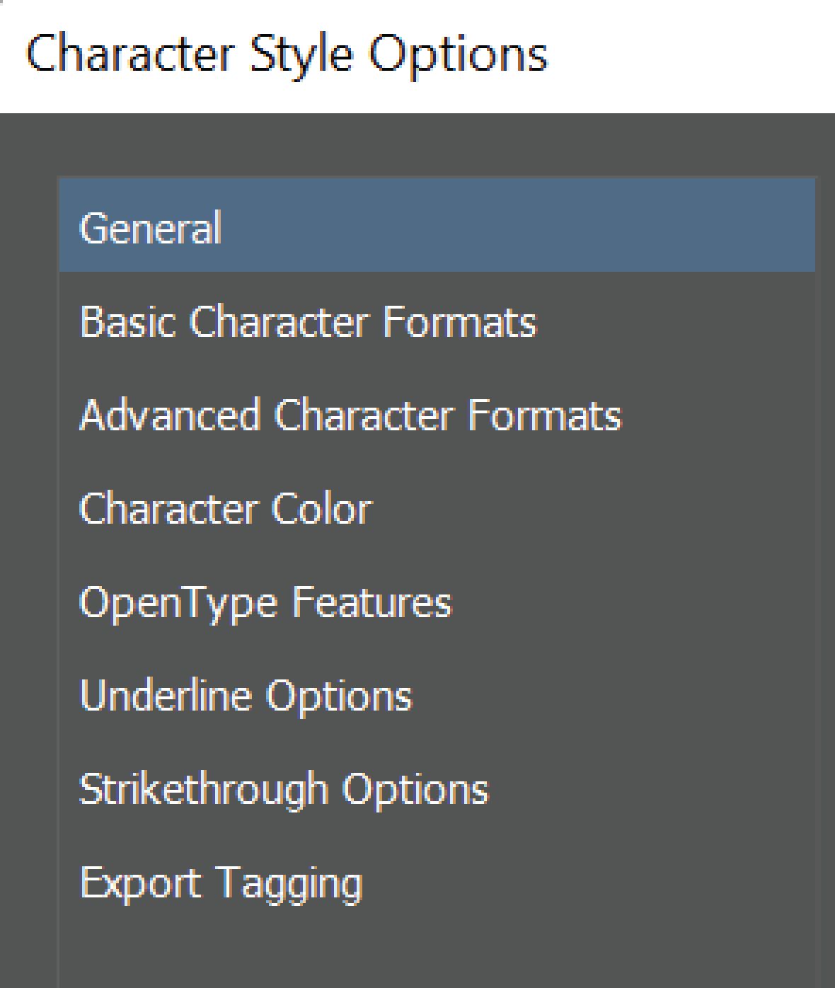 Opções de estilos de caractere no InDesign