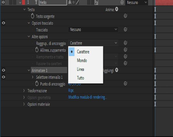 Testo originale, testo ruotato e con Allineamento raggruppamento impostato su Carattere, Parola e Riga
