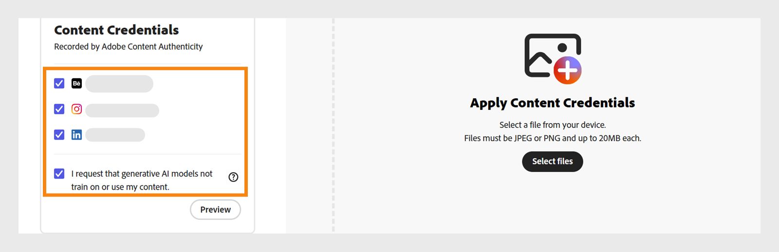 Uma captura de tela do painel Content Credentials mostrando contas de rede social selecionadas — Behance, Instagram, LinkedIn — e uma caixa de seleção para solicitar que modelos de IA generativa não usem nem treinem com o conteúdo. Um botão “Visualizar” está visível abaixo, juntamente com uma seção para aplicar Content Credentials enviando arquivos JPEG ou PNG.