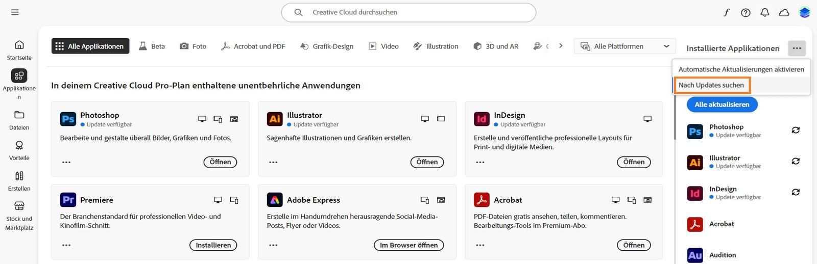 Im erweiterten Menü kannst du die automatische Aktualisierung aktivieren, nach Updates suchen und alle Applikationen aktualisieren. 