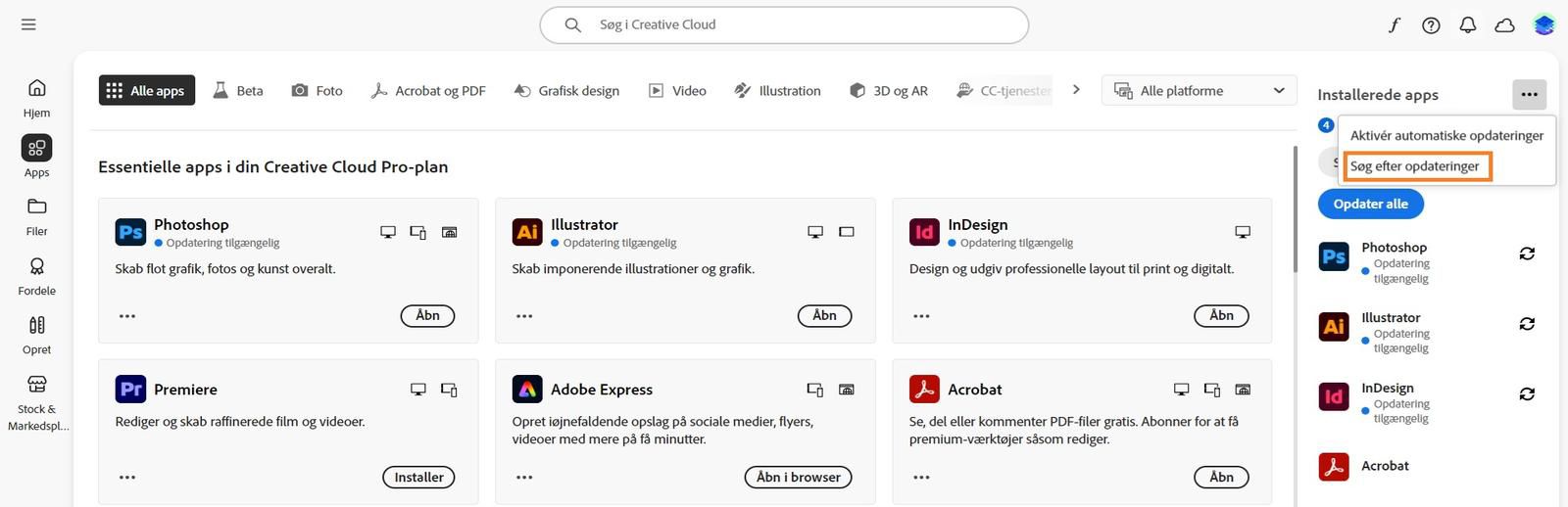 Fra den udvidede menu kan du aktivere automatiske opdateringer, søge efter opdateringer og opdatere alle apps. 