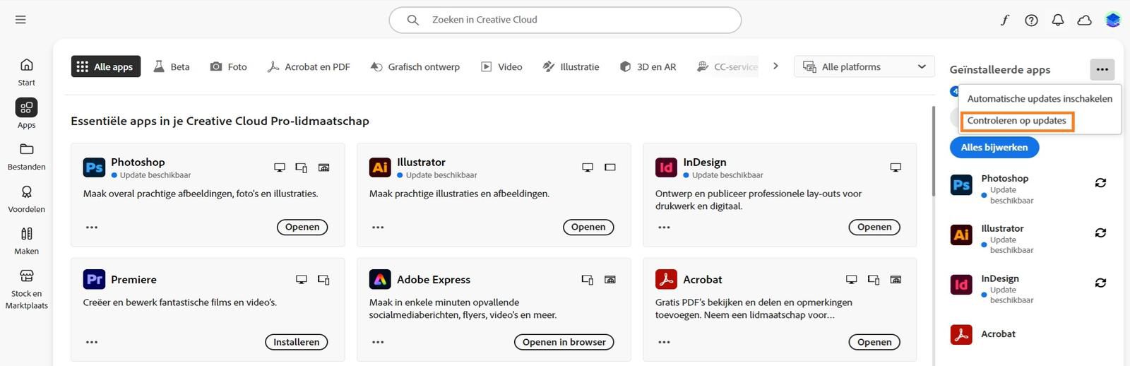 In het uitgevouwen menu kun je automatische updates inschakelen, controleren op updates en alle apps bijwerken. 