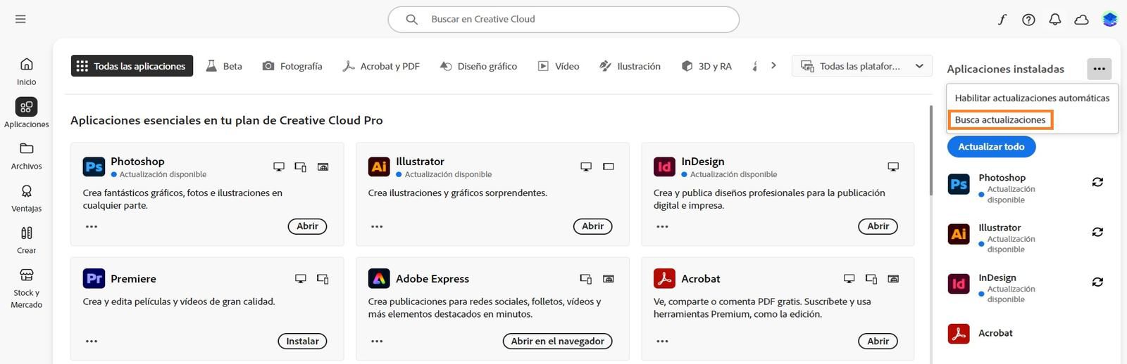 El menú ampliado le permite habilitar actualizaciones automáticas, buscar actualizaciones y actualizar todas las aplicaciones. 