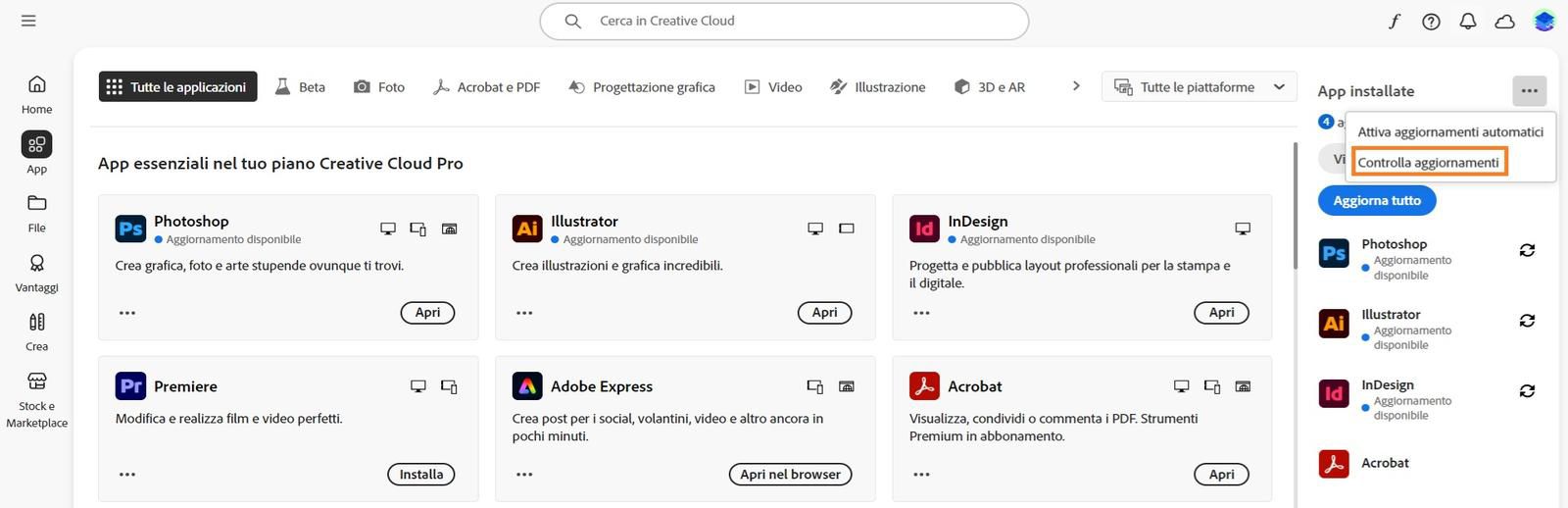 Il menu espanso consente di abilitare gli aggiornamenti automatici, verificare la presenza di aggiornamenti e aggiornare tutte le app. 