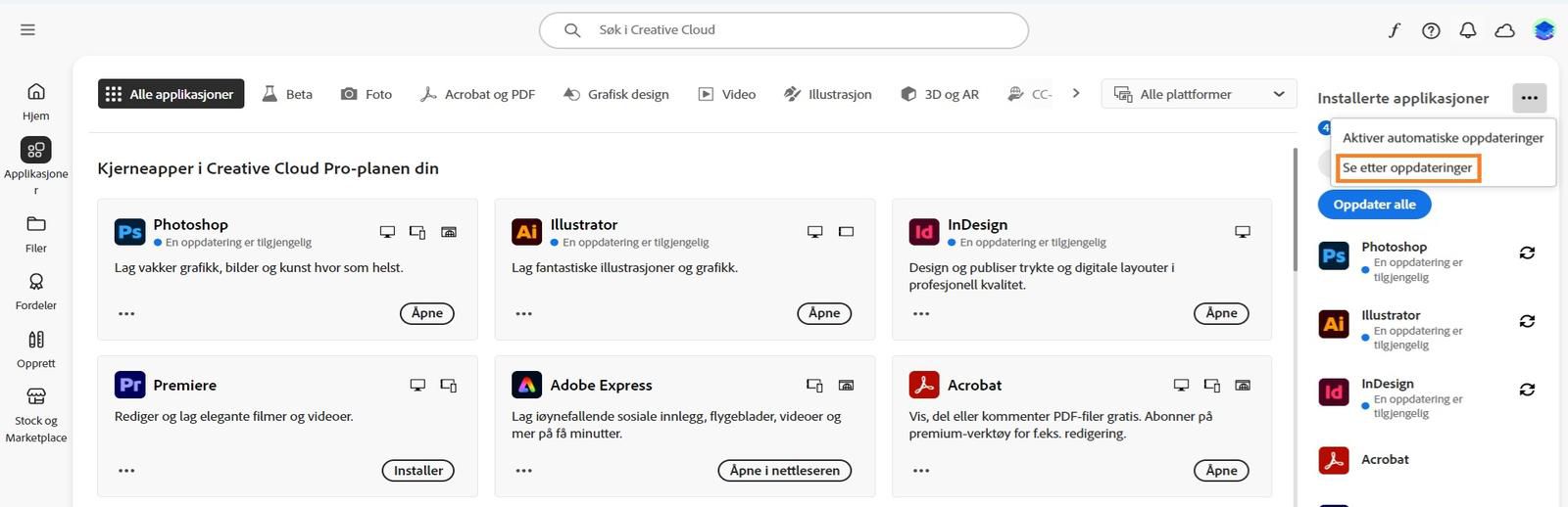 Ikonet "Flere handlinger" under Installerte applikasjoner i Applikasjoner-fanen viser alternativene for å aktivere eller administrere automatiske oppdateringer og se etter oppdateringer.