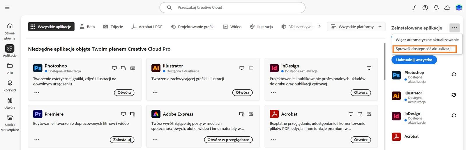 Po rozwinięciu tego menu widoczne są opcje umożliwiające włączenie automatycznych aktualizacji, sprawdzenie, czy są dostępne jakieś aktualizacje oraz uaktualnienie wszystkich aplikacji. 