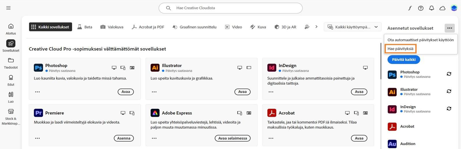 Laajennetussa valikossa voit ottaa käyttöön automaattiset päivitykset, hakea päivityksiä ja päivittää kaikki sovellukset. 