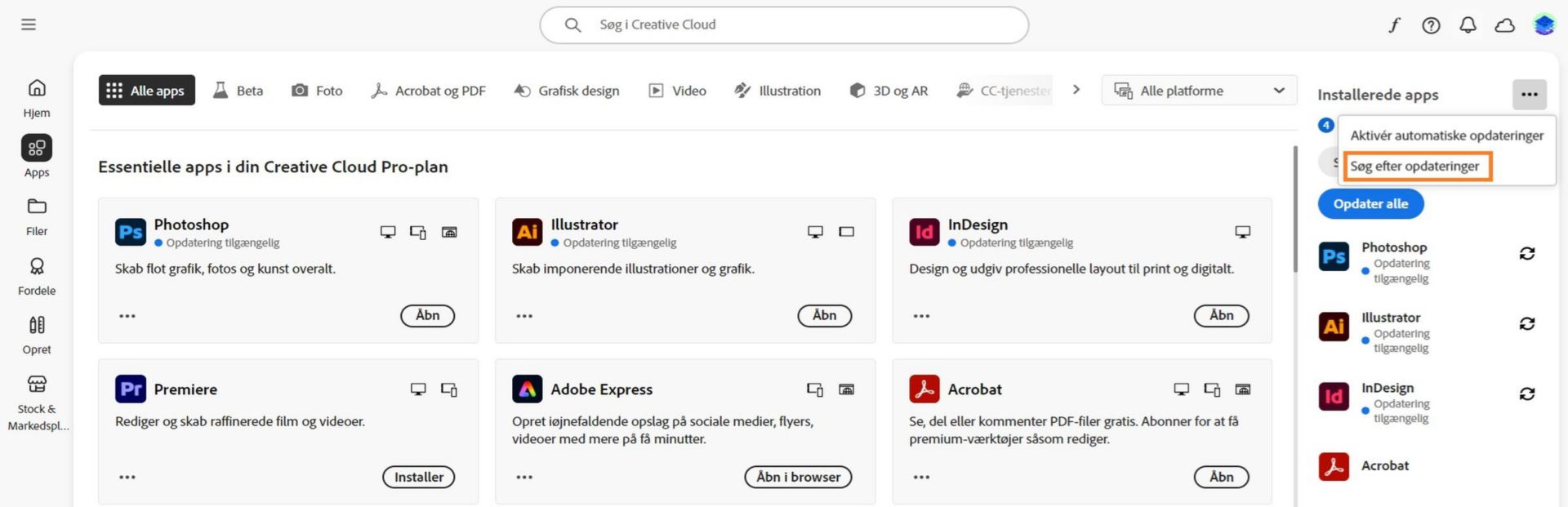 Ikonet Flere handlinger under Installerede apps under fanen Apps viser muligheder for at aktivere eller administrere automatiske opdateringer og søge efter opdateringer.