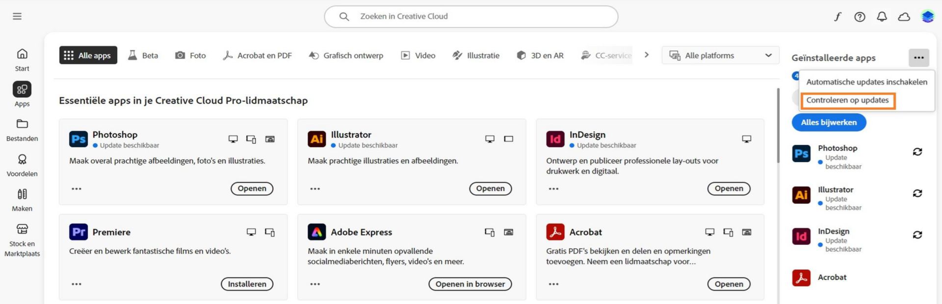 Het pictogram Meer acties onder Geïnstalleerde apps op het tabblad Apps met opties om automatische updates in te schakelen of te beheren en te controleren op updates.