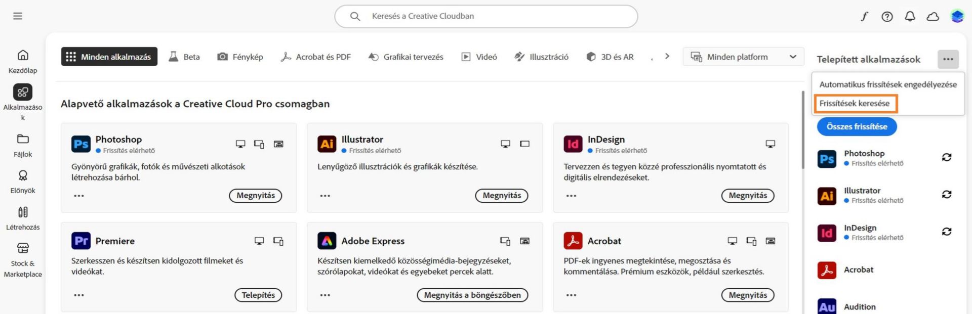 Az Alkalmazások lapon a Telepített alkalmazások alatt található További műveletek ikon az automatikus frissítések engedélyezésére vagy kezelésére, valamint a frissítések keresésére szolgáló lehetőségeket jeleníti meg.