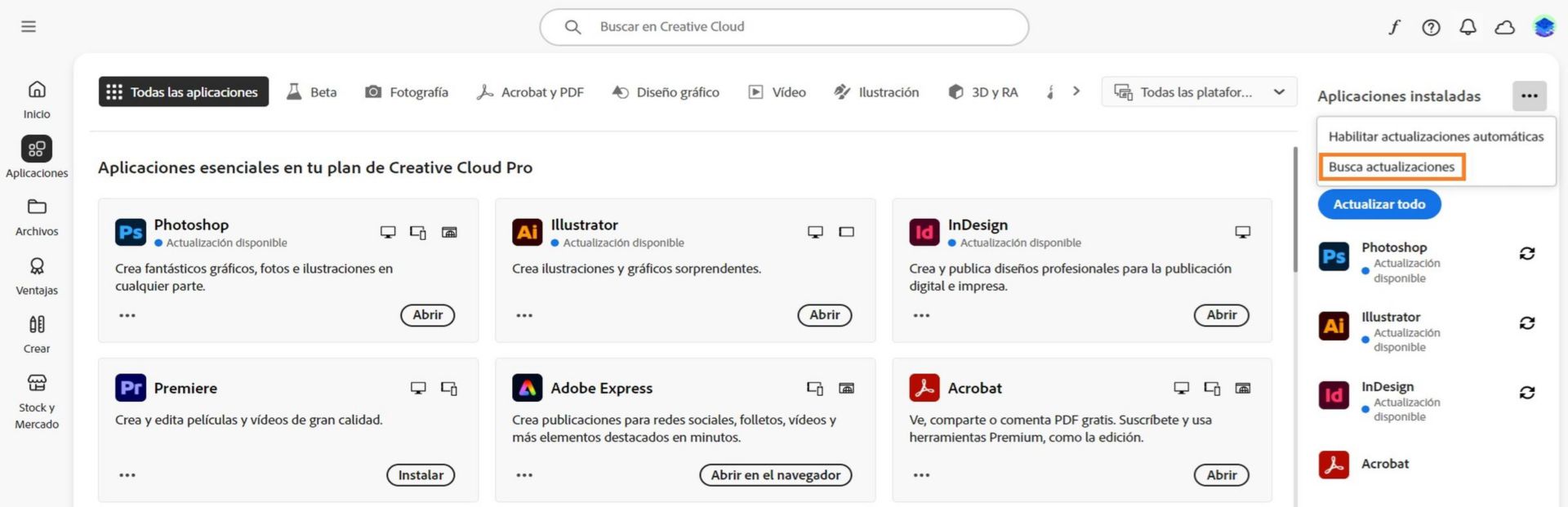 El icono Más acciones debajo de Aplicaciones instaladas en la pestaña Aplicaciones muestra opciones para activar o administrar actualizaciones automáticas y buscar actualizaciones.
