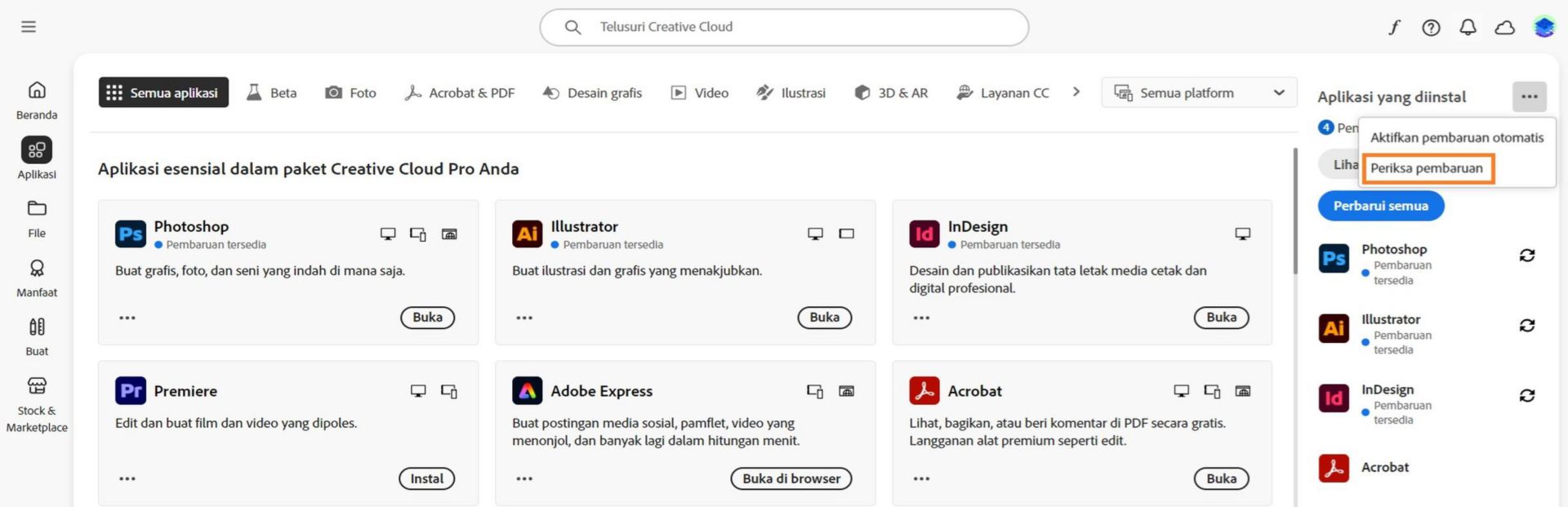 Ikon Tindakan lainnya di bawah Aplikasi yang diinstal di tab Aplikasi menampilkan opsi untuk mengaktifkan atau mengelola pembaruan otomatis, dan memeriksa pembaruan.