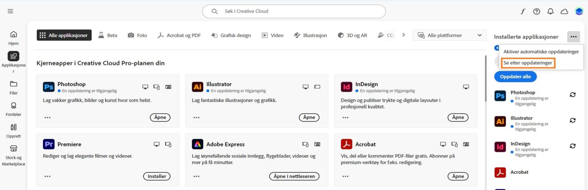 Ikonet "Flere handlinger" under Installerte applikasjoner i Applikasjoner-fanen viser alternativene for å aktivere eller administrere automatiske oppdateringer og se etter oppdateringer.