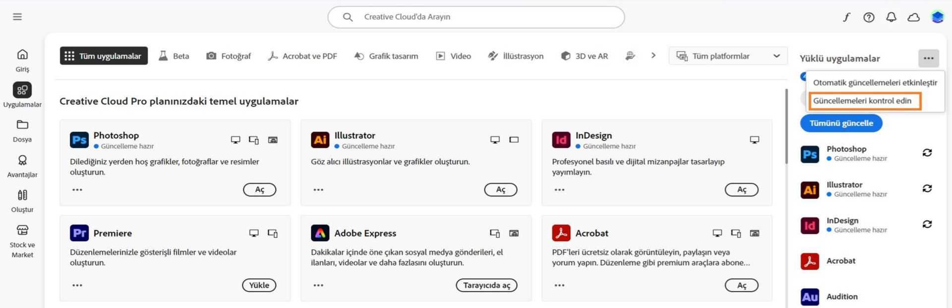 Uygulamalar sekmesinin Yüklü uygulamalar bölümündeki Diğer eylemler simgesi, otomatik güncellemeleri etkinleştirme ya da yönetme ve güncellemeleri denetleme seçeneklerini gösterir.