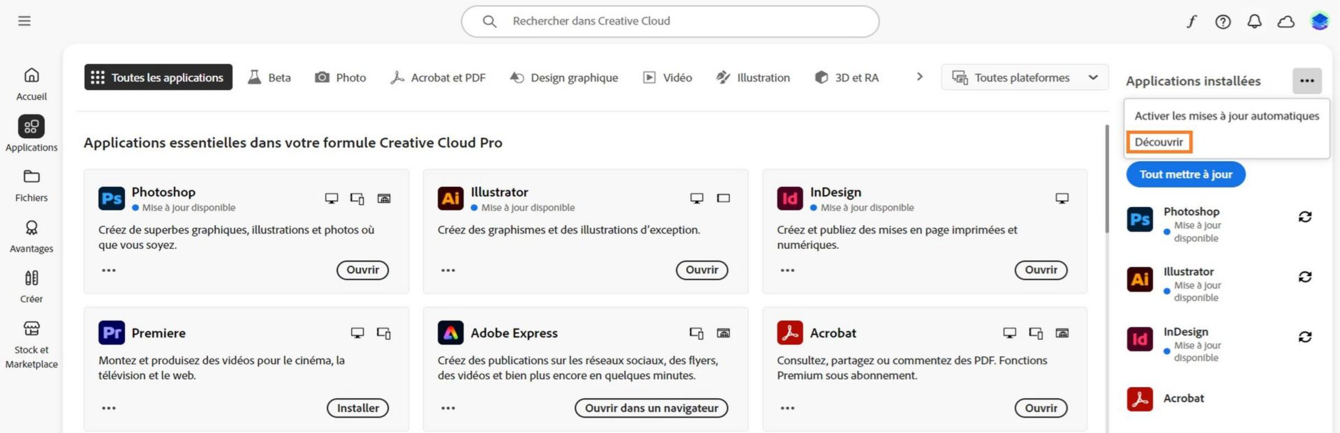 L’icône Autres actions sous Applications installées dans l’onglet Applications, affiche des options permettant d’activer ou de gérer les mises à jour automatiques et de rechercher des mises à jour.