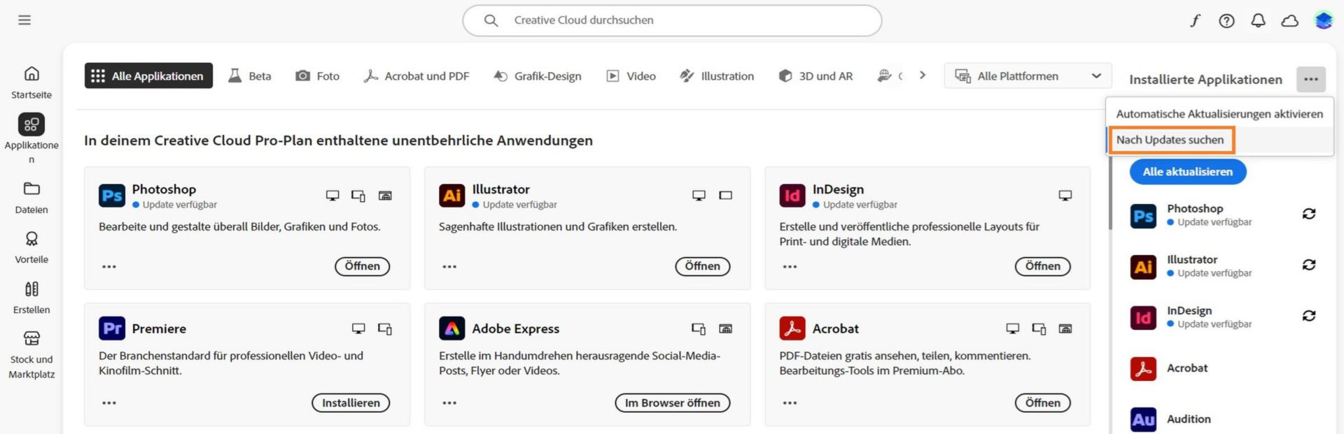 Auf der Registerkarte „Applikationen“ unter „Installierte Applikationen“ sind über das Symbol „Weitere Aktionen“ die Optionen zum Aktivieren oder Verwalten automatischer Updates und zum Suchen nach Updates verfügbar.