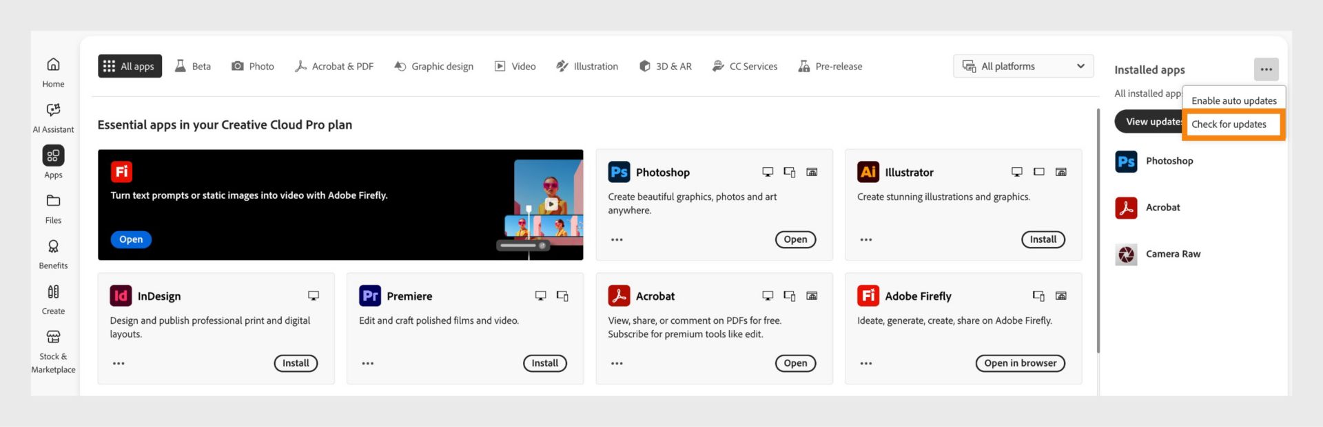 The More actions icon under Installed apps in the Apps tab shows options to enable or manage auto updates and check for updates.