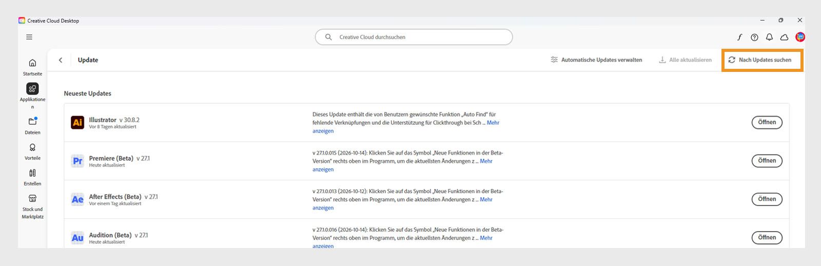 Das erweiterte Menü mit den Optionen „Auto-Updates verwalten“, „Nach Updates suchen“ und „Alle Anwendungen aktualisieren“. 