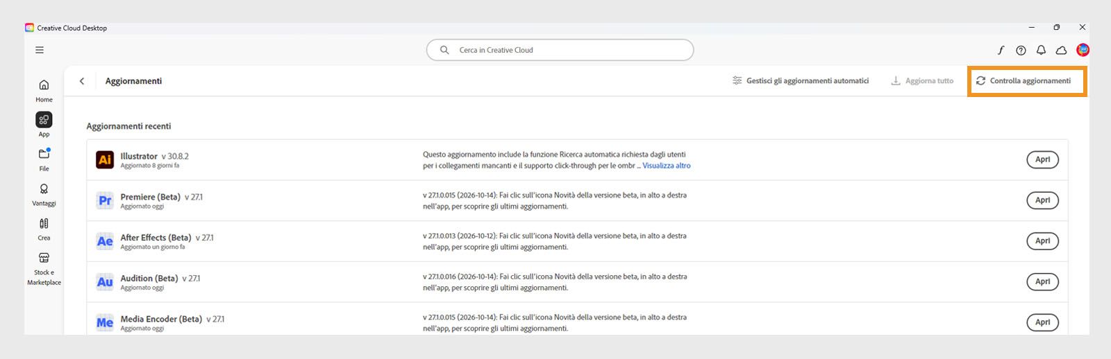 L'icona Altre azioni in App installate nella scheda App, mostra le opzioni per abilitare o gestire gli aggiornamenti automatici e verificare la presenza di aggiornamenti.