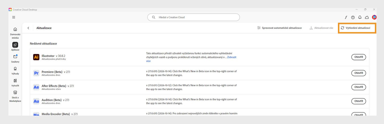 Rozšířená nabídka zobrazující možnosti Spravovat automatické aktualizace, Vyhledání aktualizací a Aktualizovat všechny aplikace. 