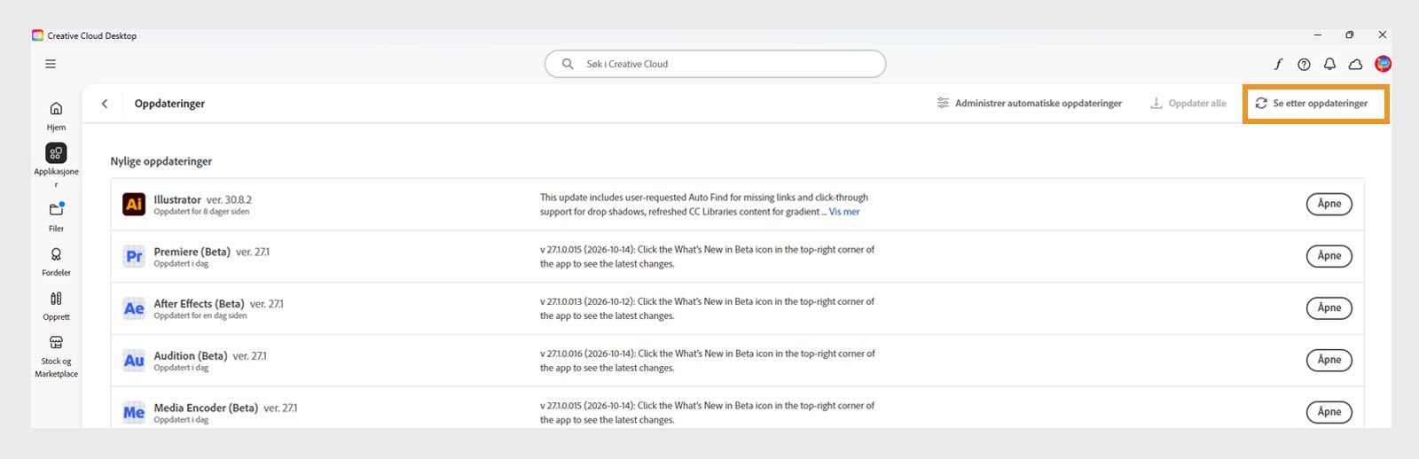 Den utvidede menyen viser alternativer for å administrere automatiske oppdateringer, se etter oppdateringer og oppdatere alle apper. 