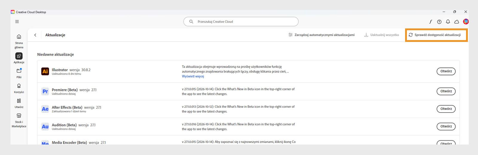 Rozszerzone menu zawierające opcje Zarządzaj automatycznymi aktualizacjami, Sprawdź dostępność aktualizacji i Aktualizuj wszystkie aplikacje. 