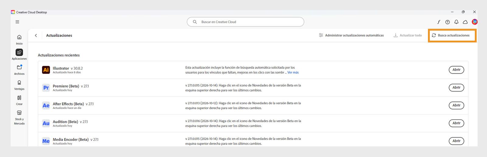 El menú expandido muestra opciones para Administrar actualizaciones automáticas, Buscar actualizaciones y Actualizar todas las aplicaciones. 