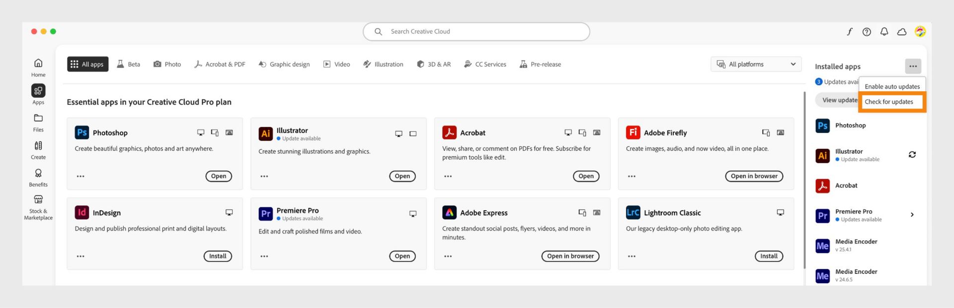O ícone Mais ações em Aplicativos instalados na guia Aplicativos mostra opções para habilitar ou gerenciar atualizações automáticas e verificar se há atualizações.