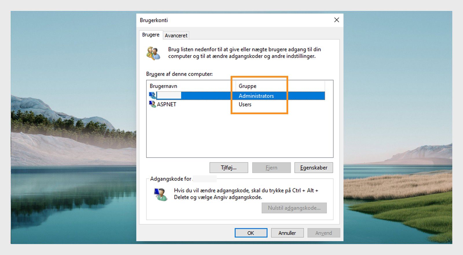 Vinduet Brugerkonti viser adgangstilladelserne for hver bruger under fanen Gruppe.