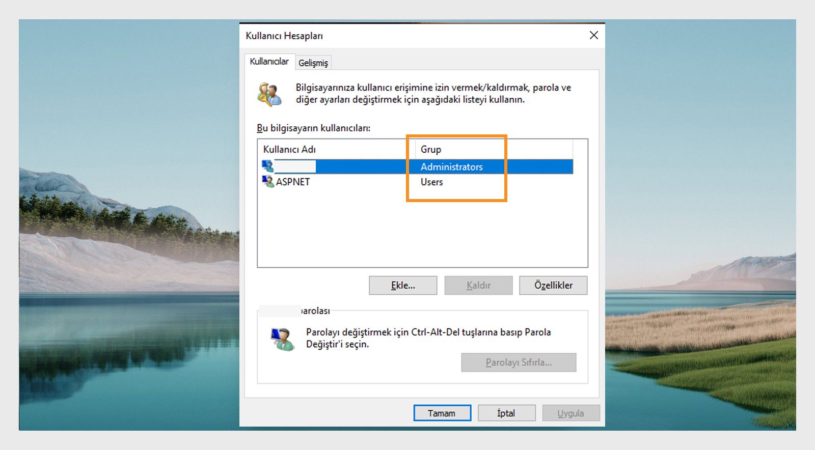 Kullanıcı Hesapları penceresi, Grup sekmesi altında her kullanıcı için erişim izinlerini gösterir.