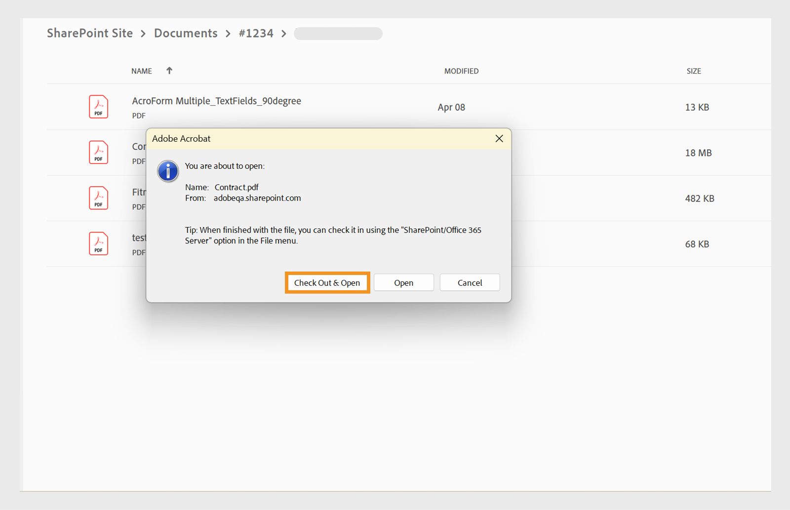 Kirjaa SharePoint-tiedosto ulos ja avaa se Acrobatin tietokoneversiossa.