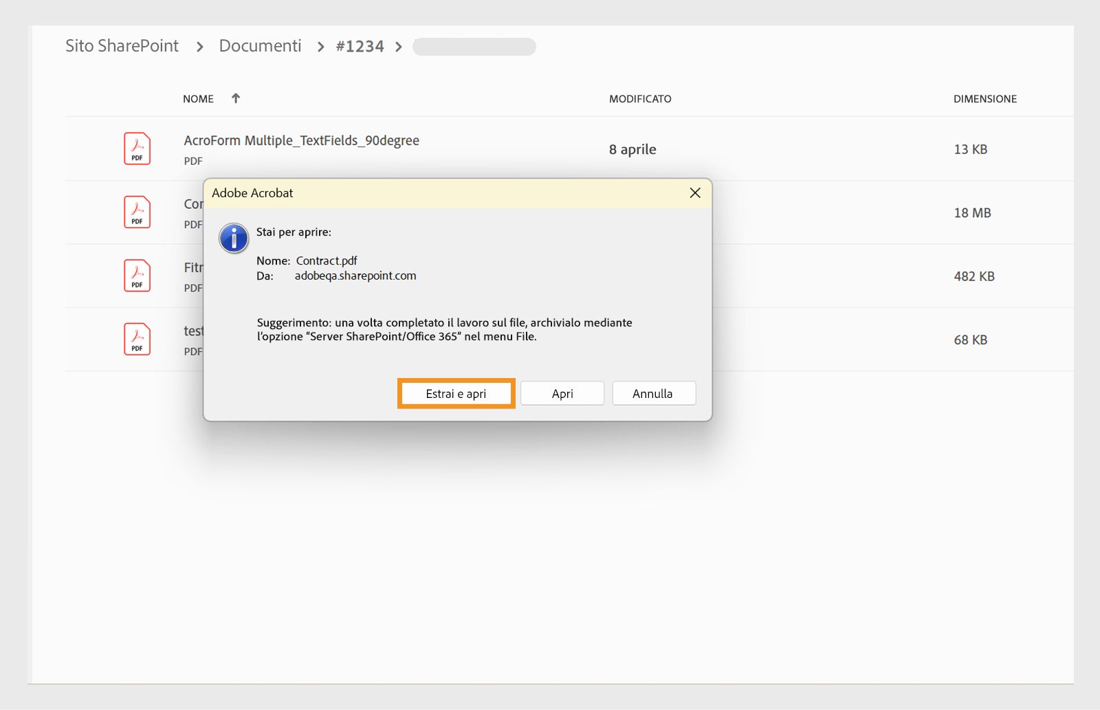 Estrarre e aprire un file SharePoint da Acrobat per desktop.