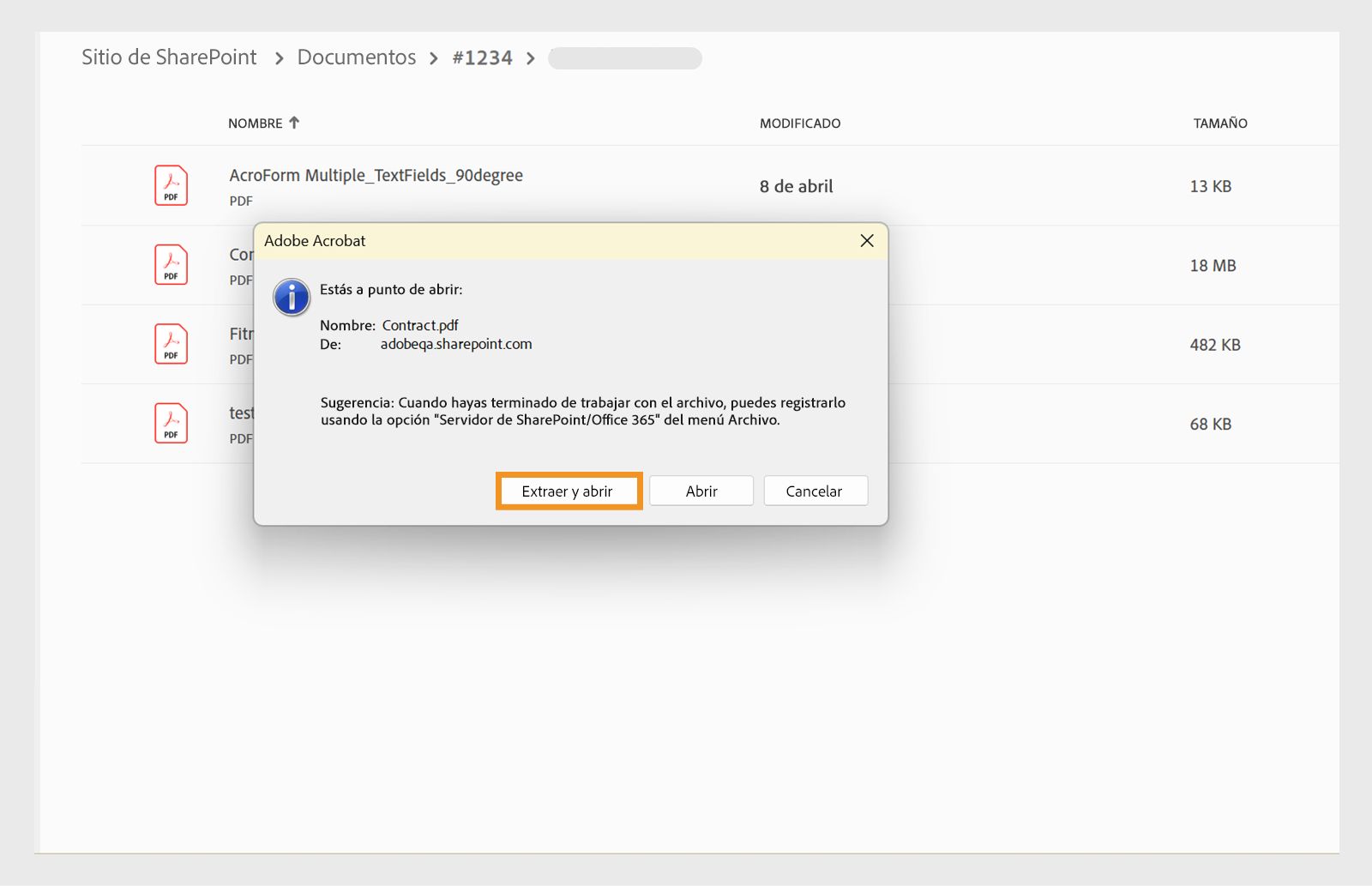 Desproteja y abra un archivo de SharePoint desde Acrobat en el escritorio.