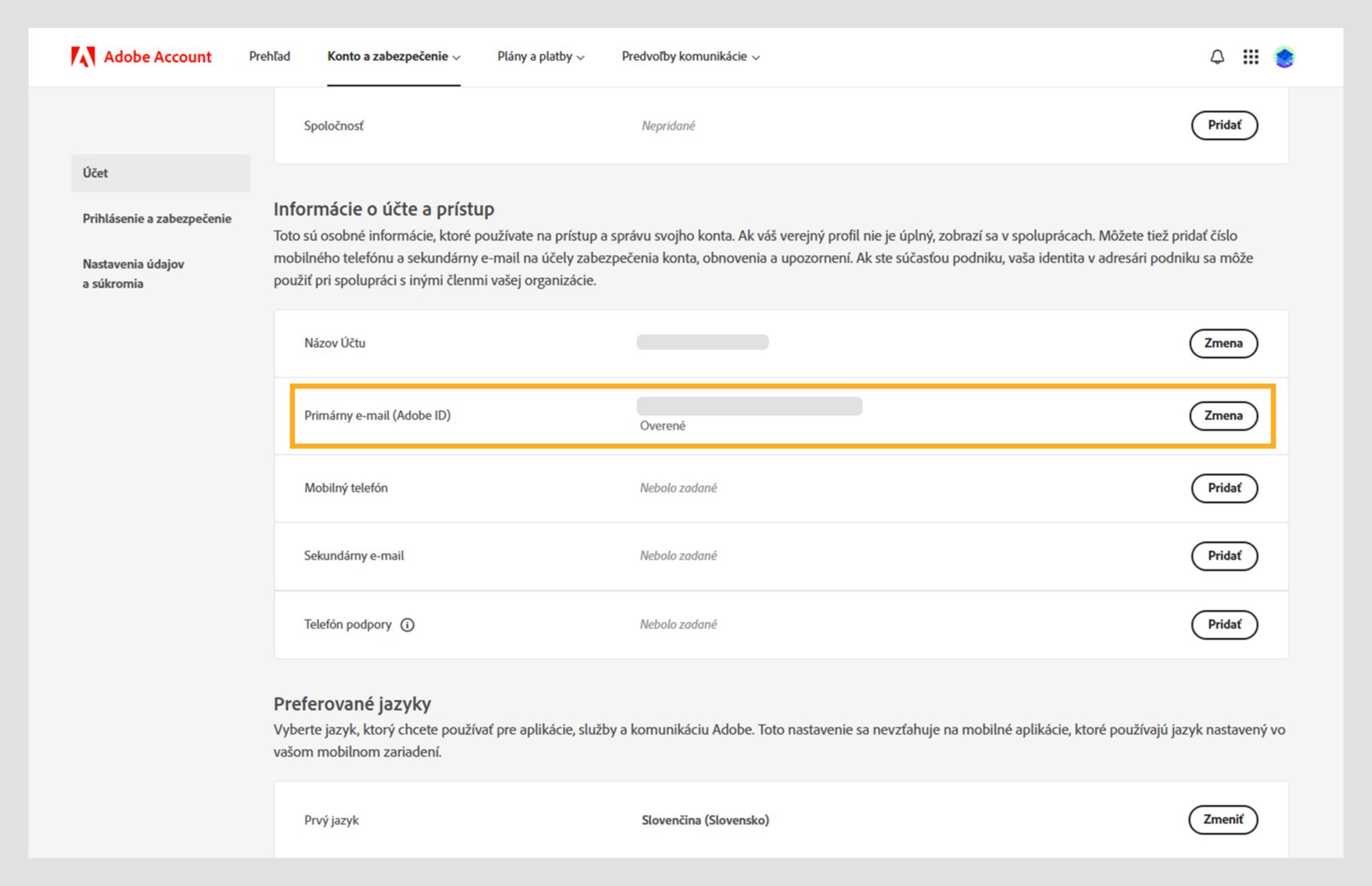 V časti Informácie o účte a prístup na stránke účtu sú uvedené možnosti zmeniť názov účtu a primárny e-mail, ako aj pridať mobilné telefónne číslo a sekundárny e-mail. 