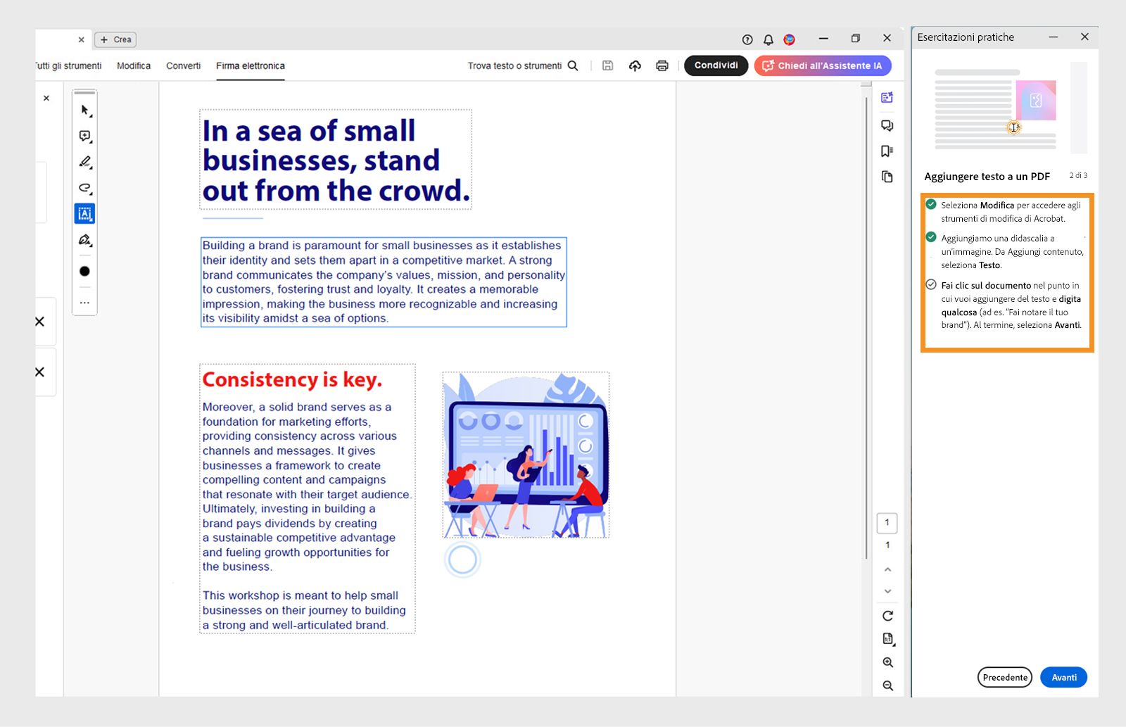 Nel tutorial sulla guida sono mostrati i segni di spunta per le azioni completate.