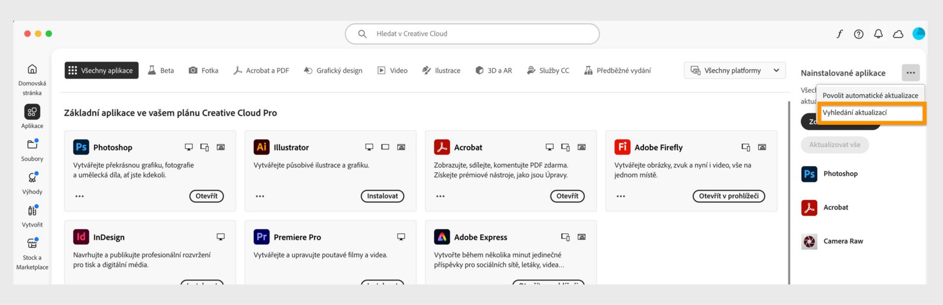 Rozšířená nabídka zobrazující možnosti Spravovat automatické aktualizace, Vyhledání aktualizací a Aktualizovat všechny aplikace. 