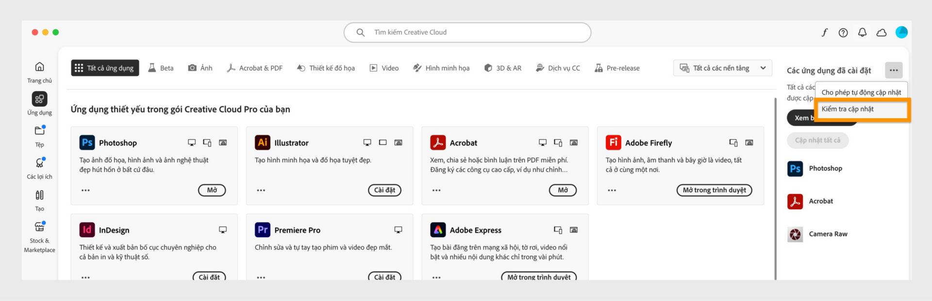 Menu mở rộng hiển thị các tùy chọn Quản lý cập nhật tự động, Kiểm tra cập nhật và Cập nhật tất cả ứng dụng. 