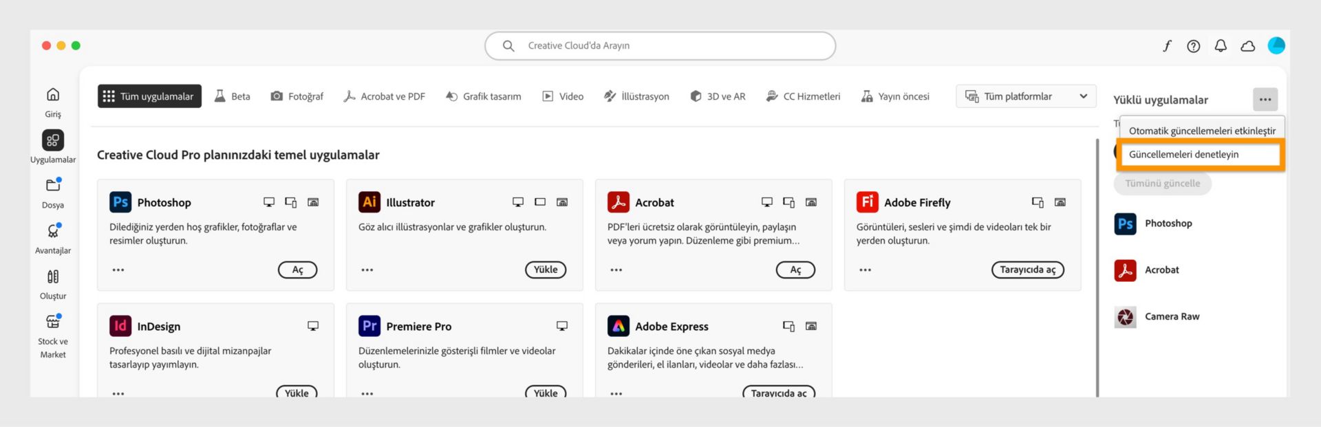 Genişletilmiş menüde Otomatik güncellemeleri yönet, Güncellemeleri denetleyin ve Tüm uygulamaları güncelle seçenekleri gösterilir. 