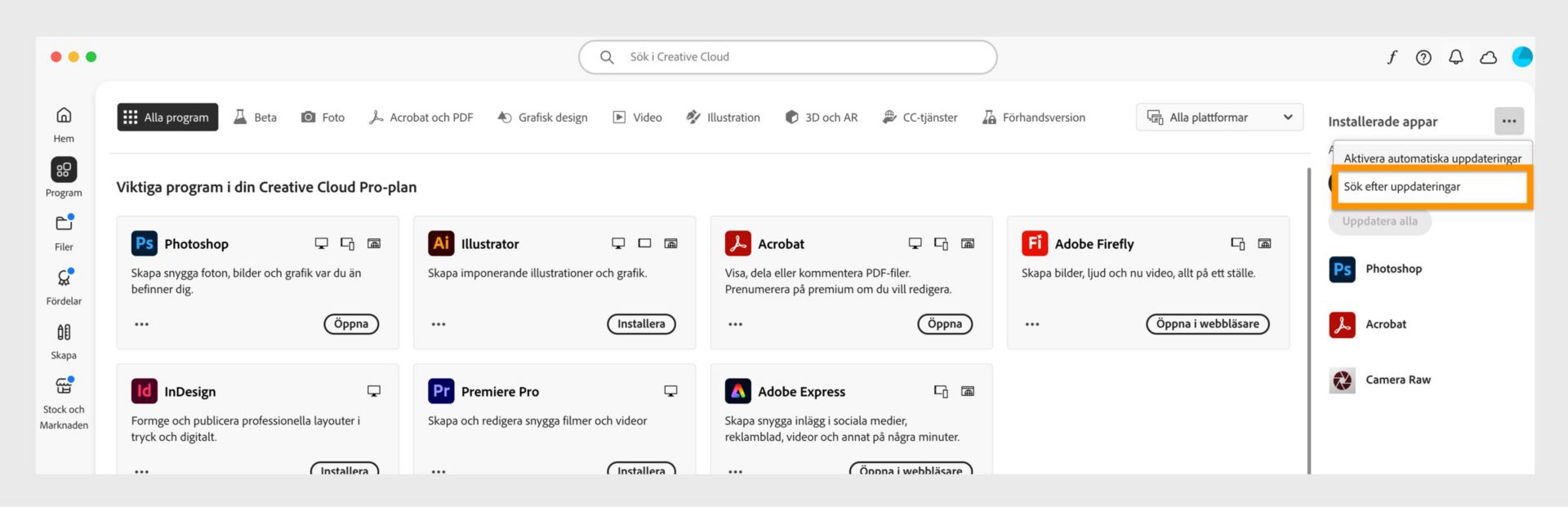 Den utökade menyn visar alternativ för att hantera automatiska uppdateringar, söka efter uppdateringar och uppdatera alla appar. 