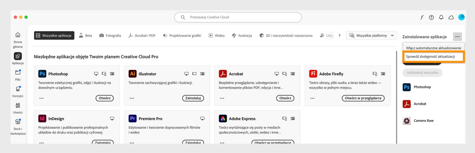 Rozszerzone menu zawierające opcje Zarządzaj automatycznymi aktualizacjami, Sprawdź dostępność aktualizacji i Aktualizuj wszystkie aplikacje. 